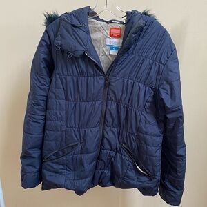 Columbia Thermal Coil insulated winter puffer jacket navy fur-lined hood Sz M